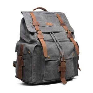 Kattee Canvas Backpack Rucksack Leather Trim Travel Hiking Daypack‎ Gray
